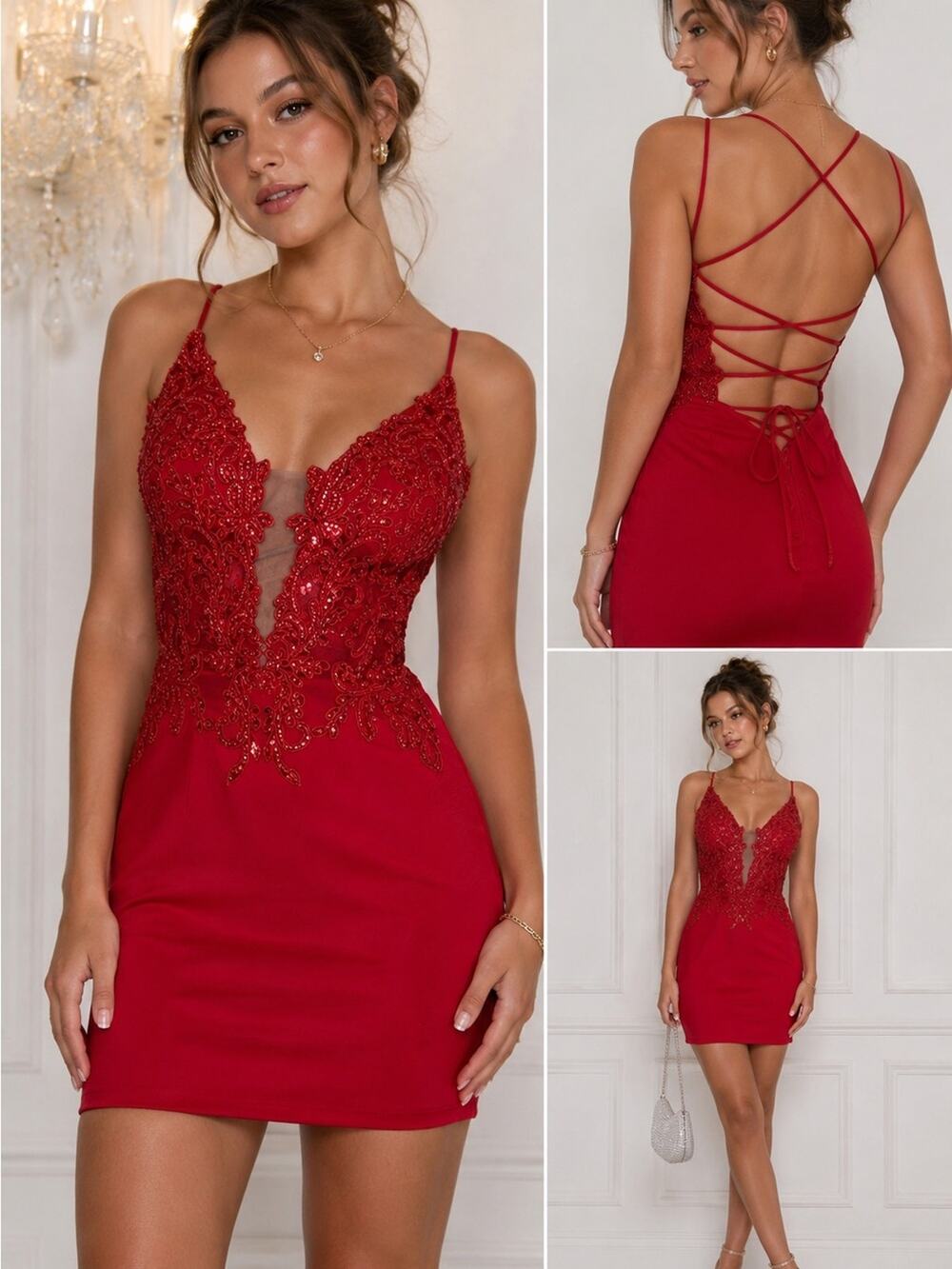 Nox Anabel Womens Red Beaded Lace-Up Back Cocktail Dress Size 4 Homecoming Vixen